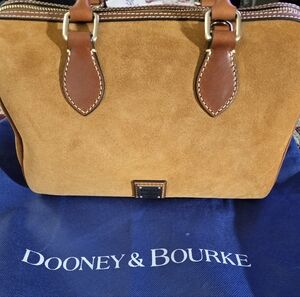 Dooney & Bourke Honey Suede Satchel Leather Trim Barrel Bag 11x7.5x6.5